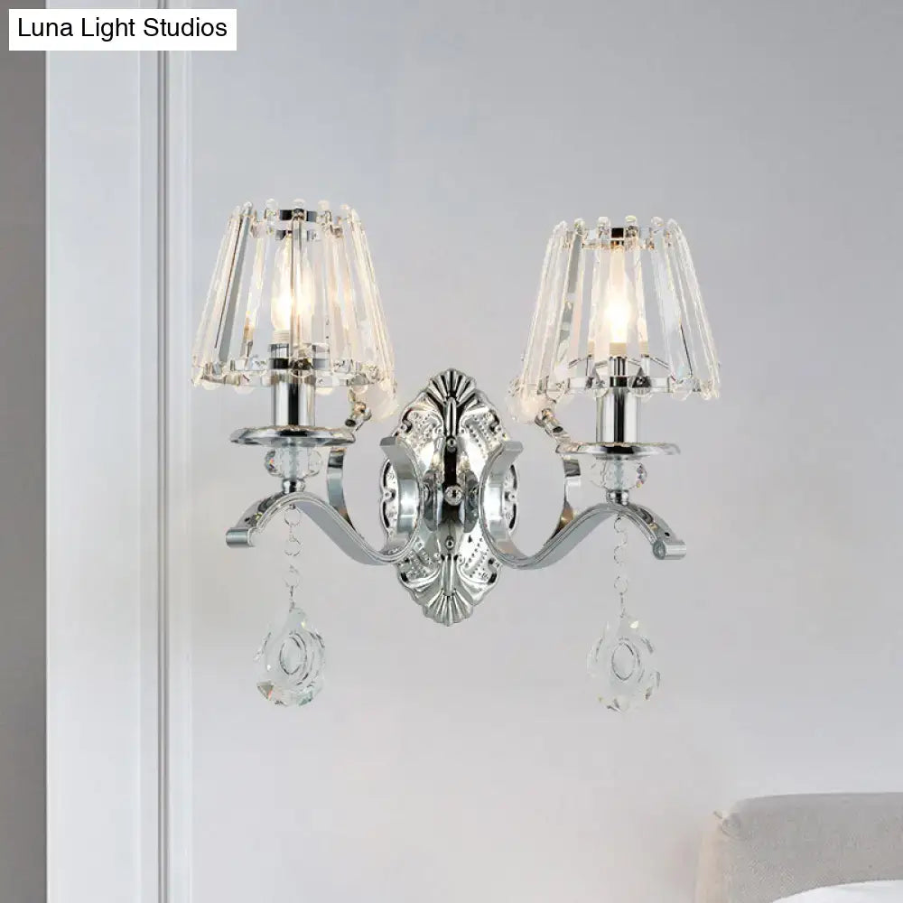 Contemporary silver chrome-finished wall lamp 2-light fixture with crystal lampshades and dangling teardrop crystals 220v-240v