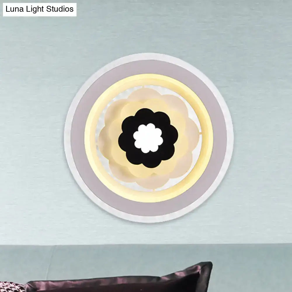 Contemporary 10 inches fixture circular ceiling light with concentric white gray yellow rings and black flower design center