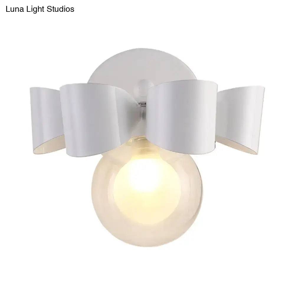 Contemporary white ceramic petal wall lamp with white metal bow-shaped sconce and frosted glass round wall bulb