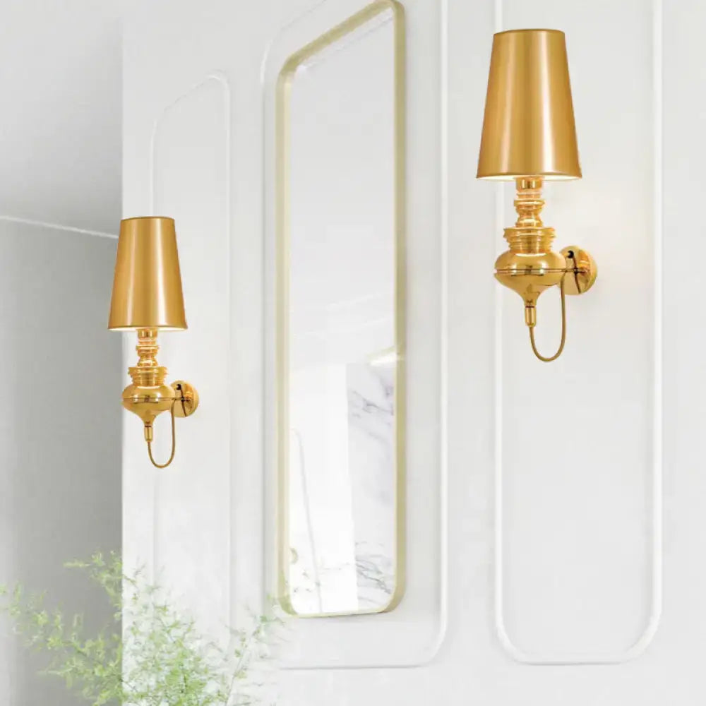 Contemporary white ceramic wall light with gold-finished conical sconces and vintage detailing compatible with e26 e27 bulb base