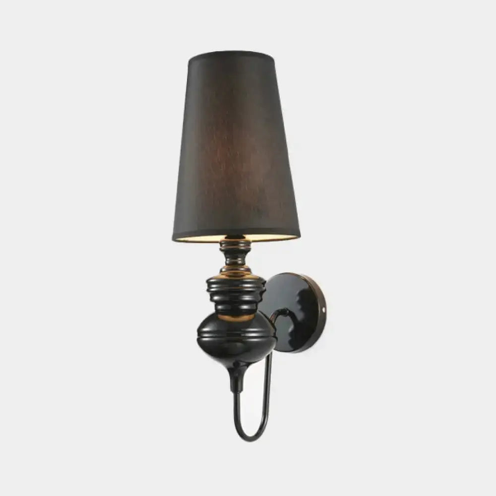 Contemporary black wrought iron wall light with matte black conical shade compatible with e26 e27 bulb base