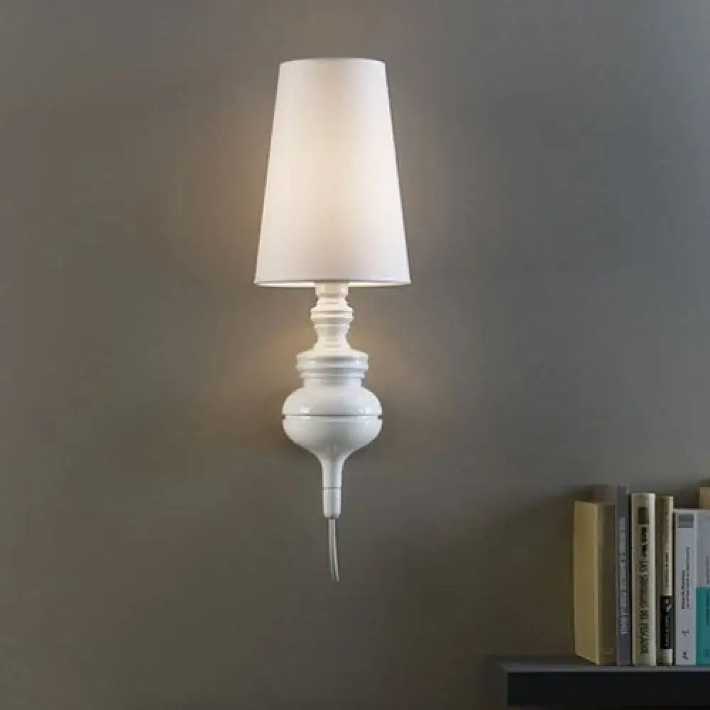 Contemporary white ceramic wall light with tapered linen lampshade and e26 e27 bulb base for bedroom use