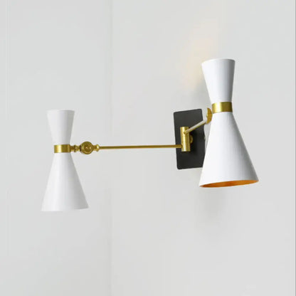 Contemporary white conical wall sconce with gold accents and black mounting plate featuring adjustable arm design