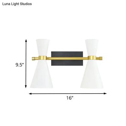 Contemporary white and gold adjustable arm wall sconce with two conical shades and black rectangular backplate for bedroom lighting