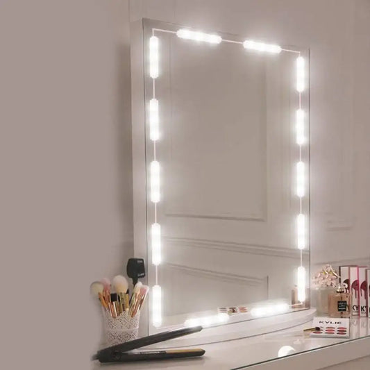 Contemporary white plastic linear rectangular vanity mirror with sleek frameless design and led vanity strip light edges