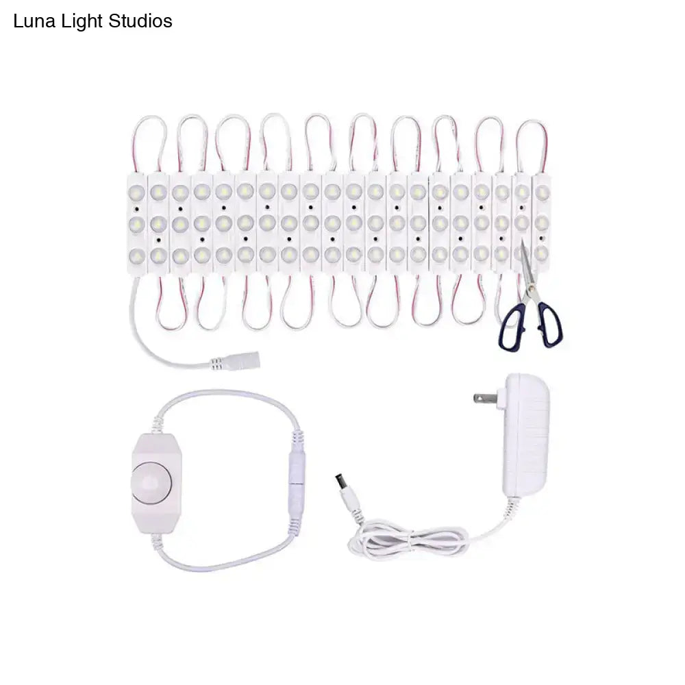 Contemporary white led vanity strip light with multiple circular bulbs plastic linear with power adapter and control switch