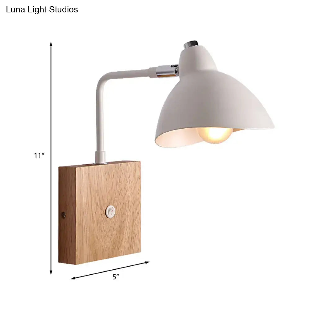 Contemporary metal wall mounted lamp with white metal arm dome shade and rectangular wooden base for bedroom light