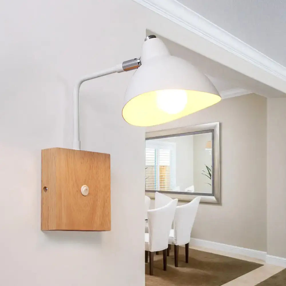 Contemporary white metal wall mounted lamp with curved metallic arm and wooden base for bedroom lighting