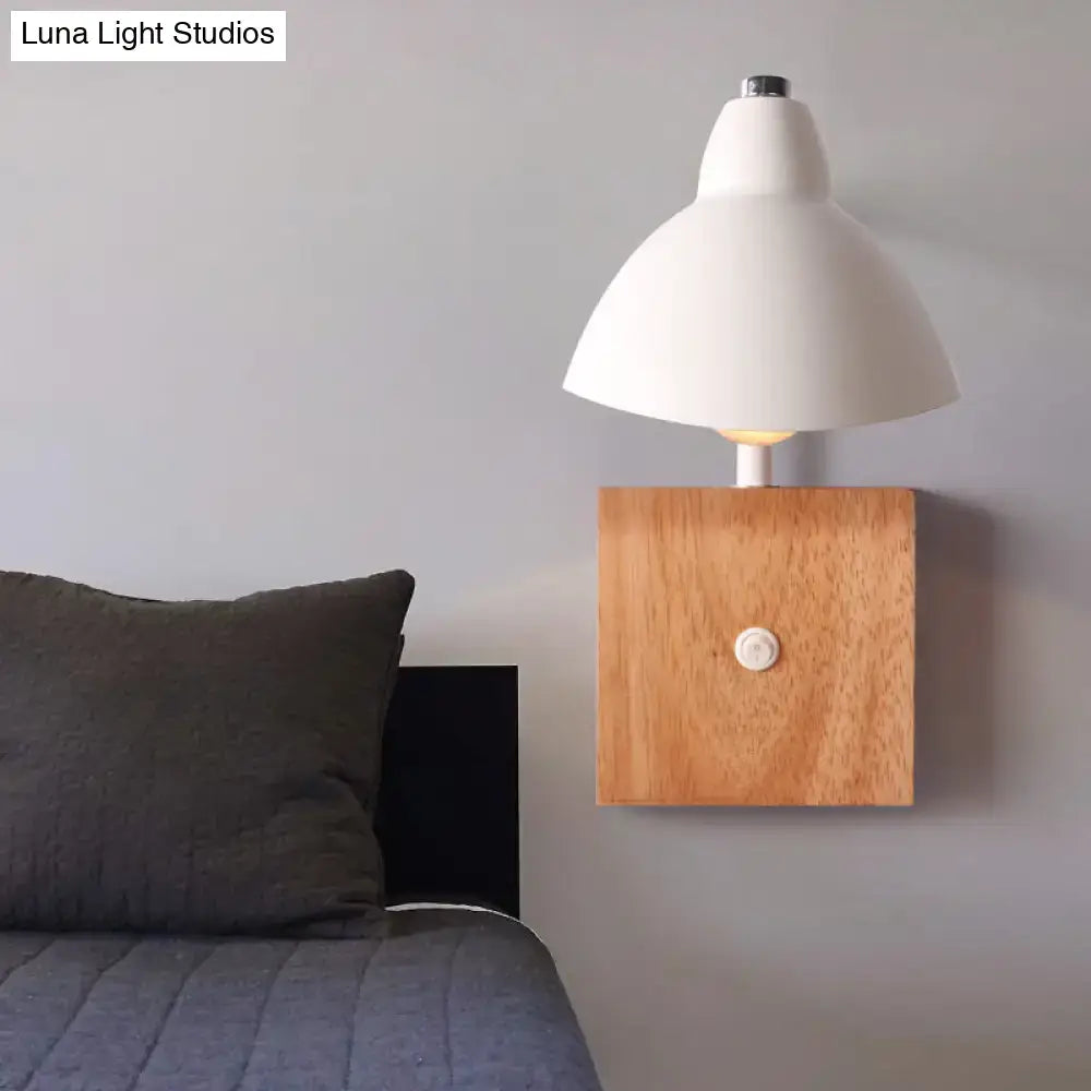 Contemporary white metal wall mounted lamp with ceramic lampshade on wooden base for modern bedroom lighting