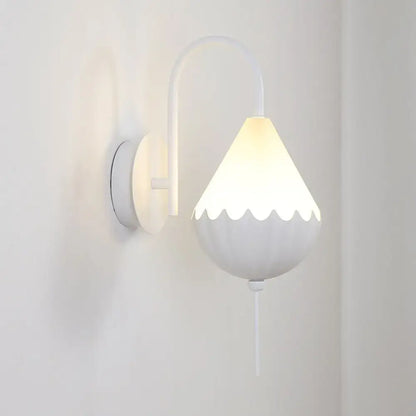 Contemporary white scalloped wall light fixture with curved arm and frosted glass shade for 220v-240v or 110v-120v use