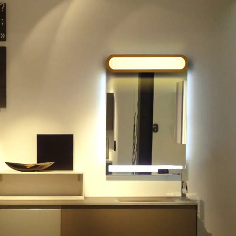 Rectangular bathroom mirror with warm wood frame and integrated led lighting for contemporary led sconce vanity light
