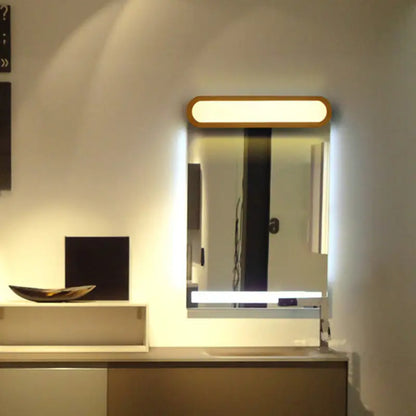 Rectangular bathroom mirror with warm wood frame and integrated led lighting for contemporary led sconce vanity light