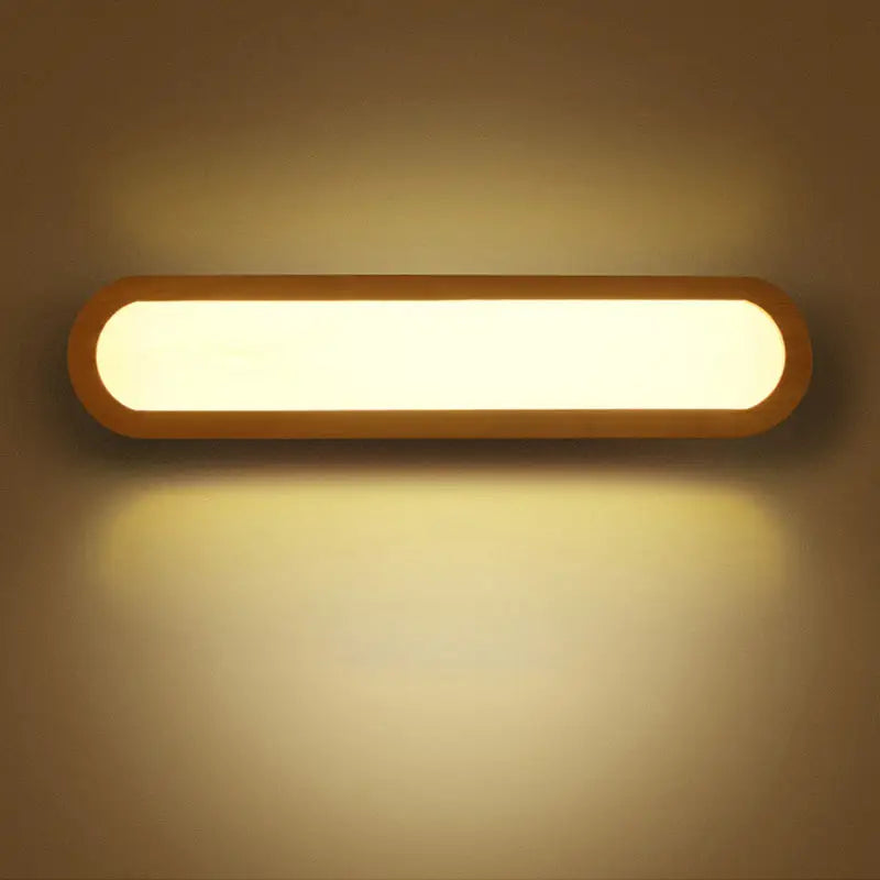 Contemporary led sconce vanity light with warm-toned rectangular wooden frame and soft diffused illumination