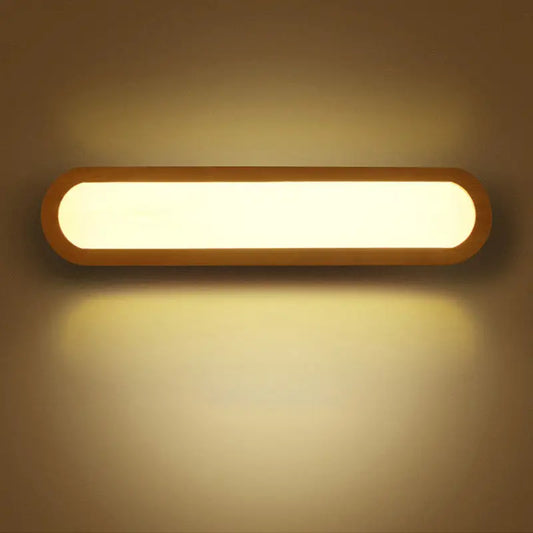 Contemporary led sconce vanity light with warm-toned rectangular wooden frame and soft diffused illumination