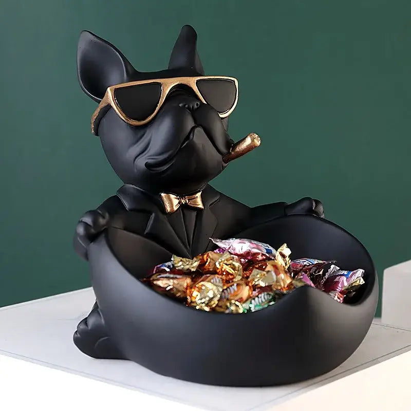 Cool black resin bulldog storage box figurine wearing gold sunglasses and tuxedo with candy bowl for living room decor