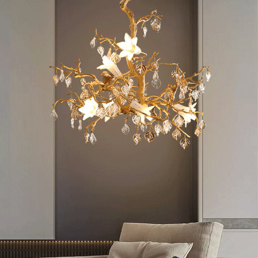 Gold floral copper branch chandelier with crystal accents and white flowers for elegant indoor lighting