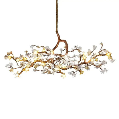 Copper branch pendant chandelier with warm led bulbs and white blossoms for elegant living room decorbites copper branch lighting