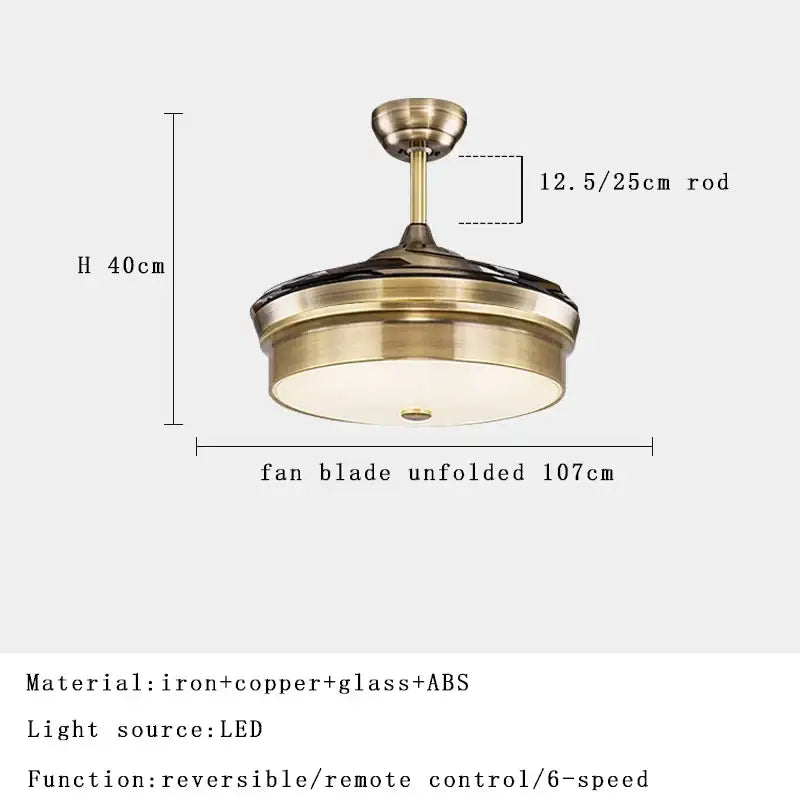 Copper bronze ceiling fan by decorbites with brass finish, wood blades, integrated LED light, and copper accents for bedroom decor