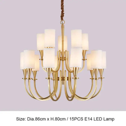 Gold-toned decorbites copper ceiling chandelier with fifteen frosted white cylindrical fabric shades for living room decor