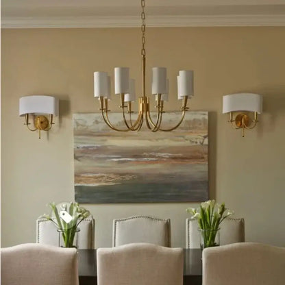Gold-toned decorbites copper ceiling chandelier with six white fabric shades for living room lighting decor