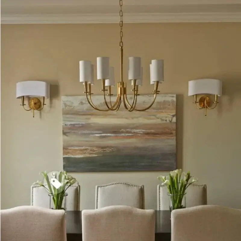 Gold-toned decorbites copper ceiling chandelier with six white fabric shades for living room lighting decor