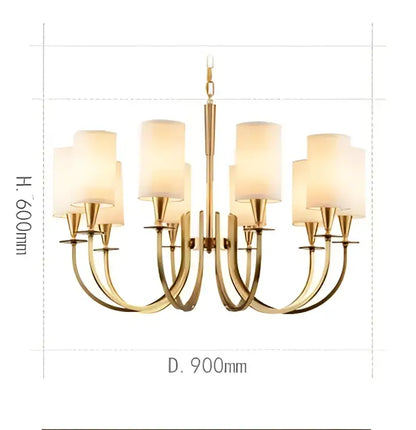 Gold-toned decorbites copper ceiling chandelier with ten frosted glass shades and central hanging chain for living room decor