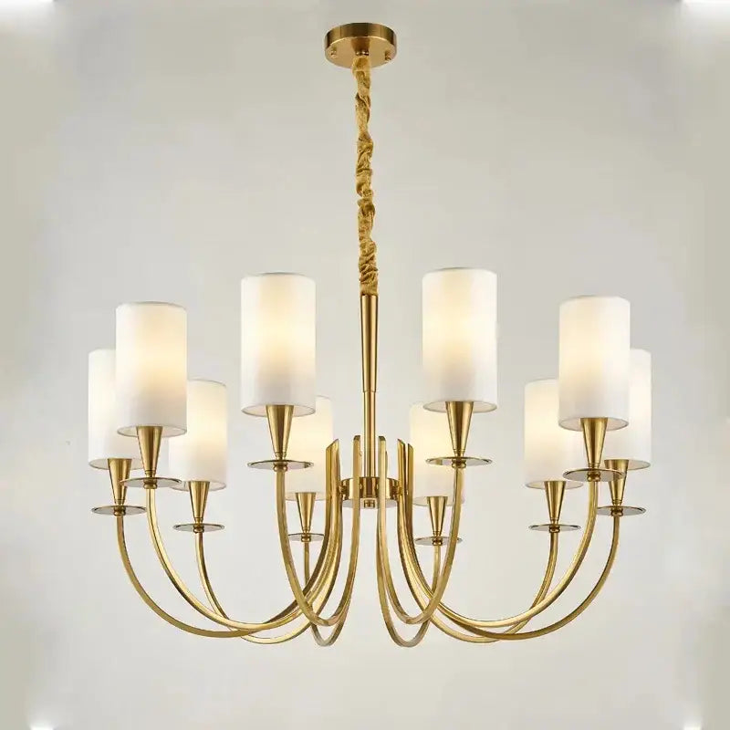 Copper ceiling chandelier by decorbites with gold tone, eight white fabric shades, and twisted rope hanging chain for living room