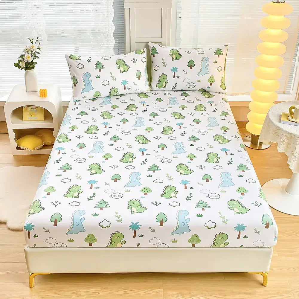Coral and white geometric floral fitted sheet set with cute white fitted sheet featuring green leaf flower dinosaurs and clouds