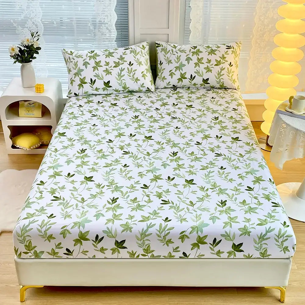 White fitted sheet set with coral geometric and green leaf flower pattern for bedroom bedding use
