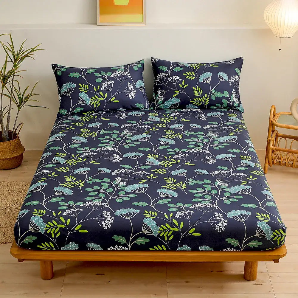 Dark blue fitted sheet set with green leaf flower botanical pattern for bedroom bedding use