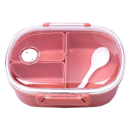 Coral and white lunch box set featuring a pink plastic three compartment bento box with clear lid and white spoon inside