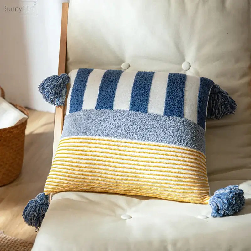 Blue and yellow striped knit cushion cover 45x45cm with fluffy tassels for stylish home decor living room use