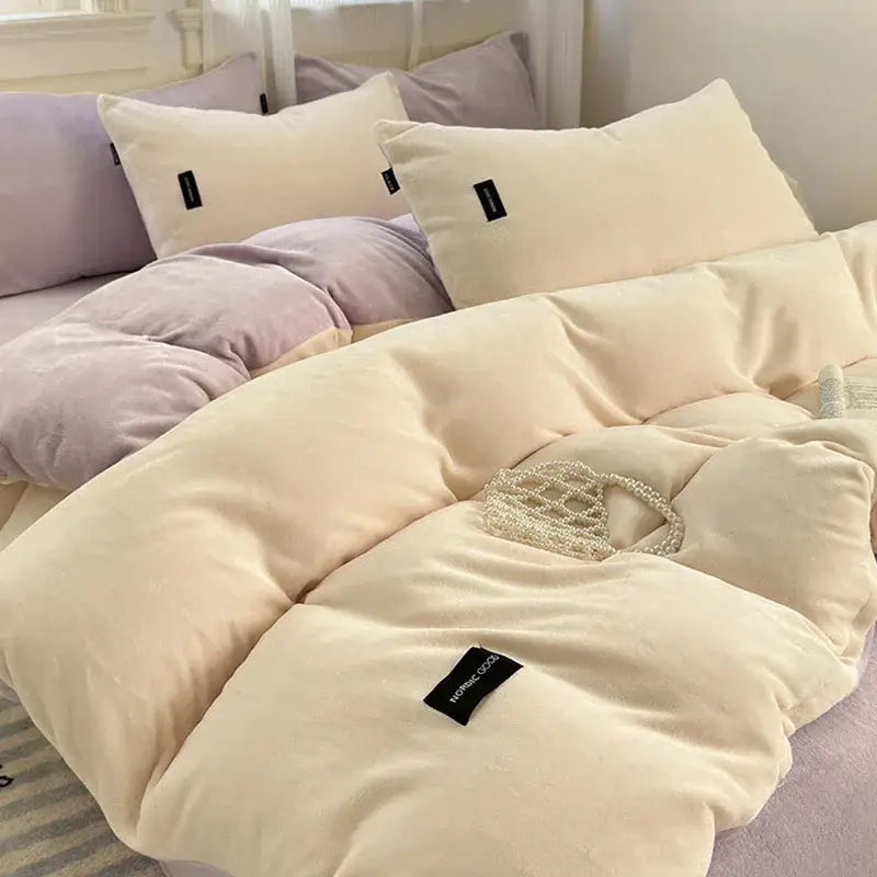 Cream-colored velvet duvet cover set with coral color blocked design and subtle black decorbites coral color brand tag