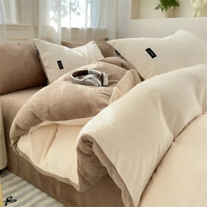 Cream-colored plush fleece blanket with soft textured surface and beige lining in decorbites coral color blocked duvet cover set