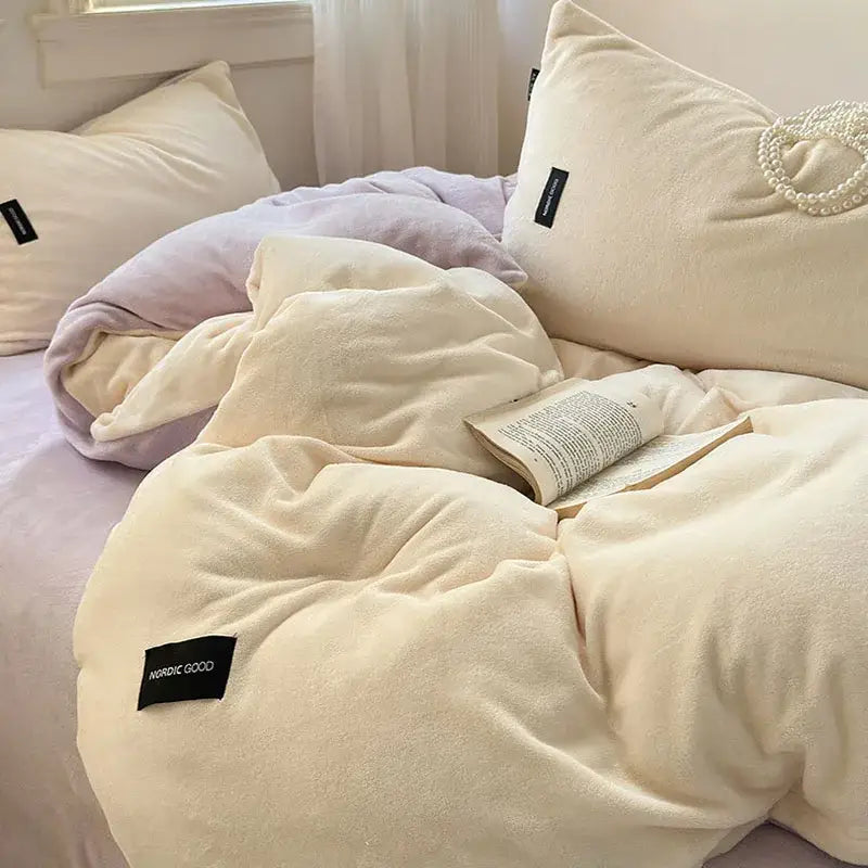 Cream velvet coral color blocked duvet cover with soft textured fabric and subtle black decorbites coral color tags