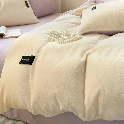 Cream velvet coral color blocked duvet cover with decorbites coral color brand label and pearl embellishment