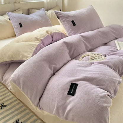 Lavender velvet duvet cover set with cream accents and black tags from decorbites coral color blocked bedroom collection