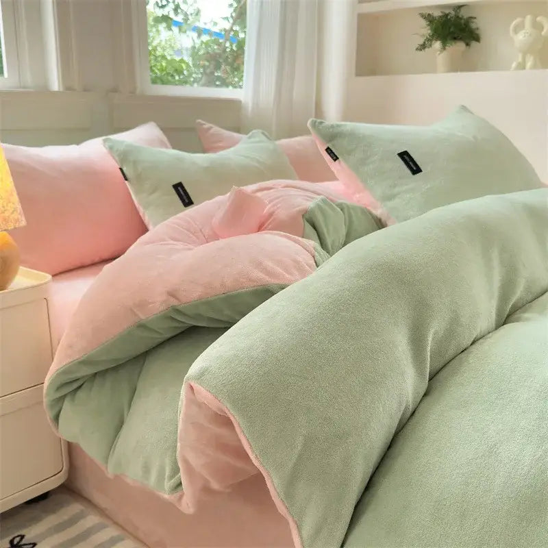 Pastel pink and mint green plush fleece duvet cover with soft texture in decorbites coral color blocked cream velvet set
