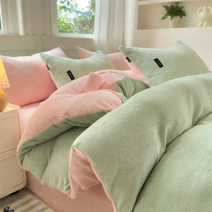 Pastel pink and mint green plush fleece duvet cover with soft texture in decorbites coral color blocked cream velvet set