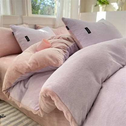 Soft lavender and blush pink plush duvet cover with cozy textured fabric in decorbites coral color blocked bedroom set
