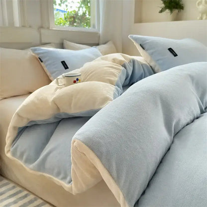 Soft blue and cream two-tone plush duvet cover with cozy textured fabric in decorbites coral color blocked velvet set