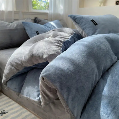 Soft blue and gray plush duvet cover with textured fabric in decorbites coral color blocked cream velvet bedroom set