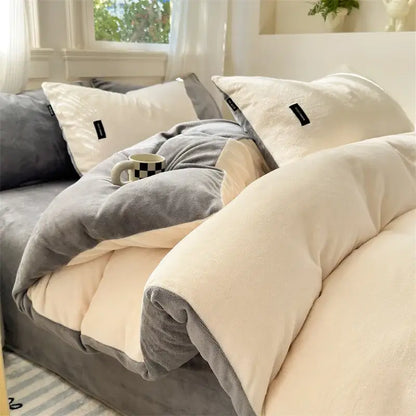 Soft gray and cream coral color blocked duvet cover by decorbites with plush velvet fabric and cozy textured finish
