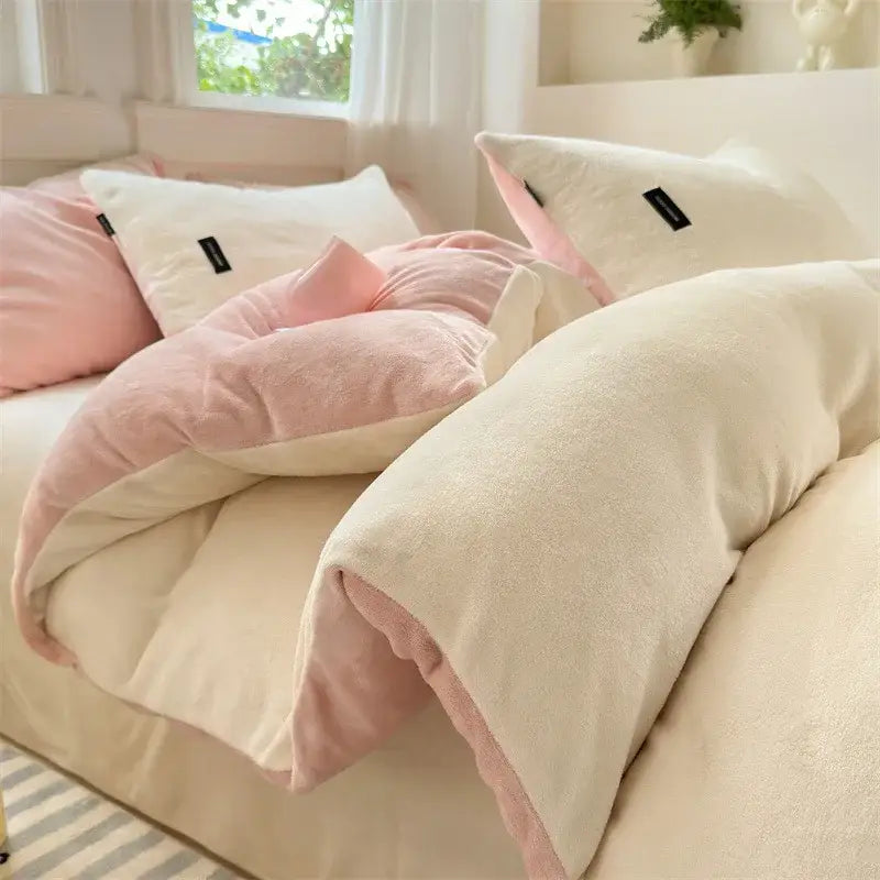 Soft pink and cream plush coral color blocked velvet duvet cover with cozy textured fabric by decorbites coral color