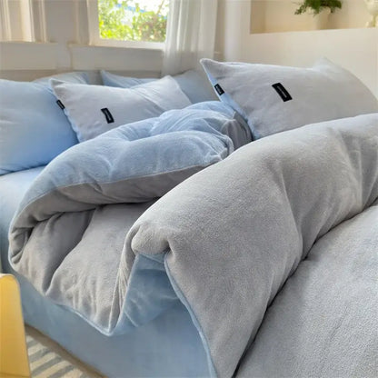 Soft plush two-toned light blue and gray velvet duvet cover from decorbites coral color blocked bedroom set