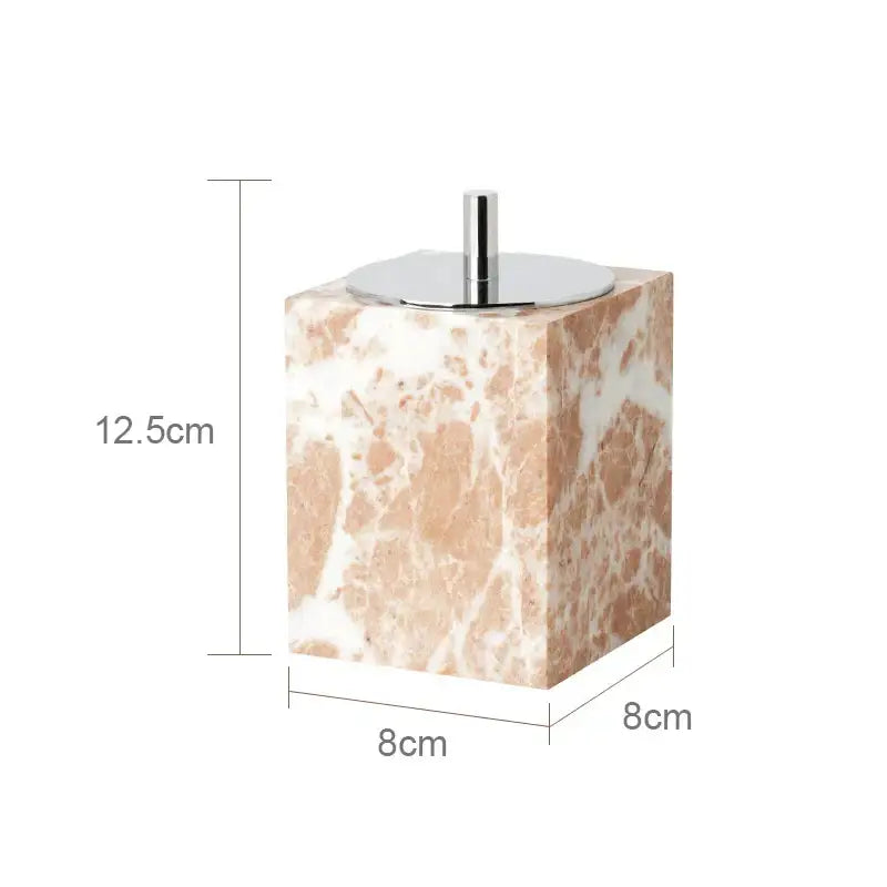 A coral pink marble bathroom toothbrush holder with square shape and sleek chrome lid from decorbites coral pink set