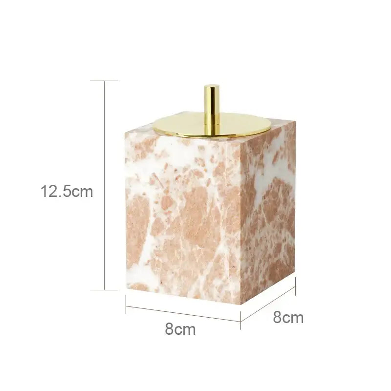 A square coral pink marble bathroom toothbrush holder with white veins and a gold-toned lid from decorbites coral pink set