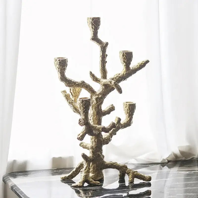 Bronze coral textured golden bough candelabrum designed as a gnarled tree branch candlestick holder by decorbites