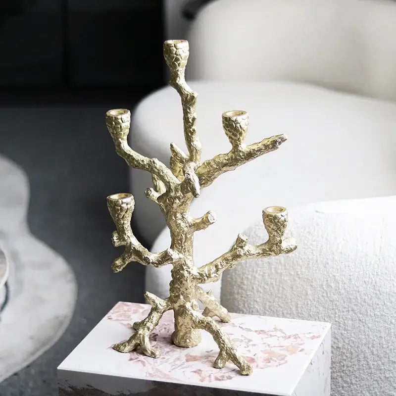 Golden textured coral bough candelabrum with tree-like design and multiple candle holders decorbites candlestick holder