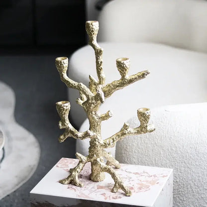 Golden textured coral bough candelabrum with tree-like design and multiple candle holders decorbites candlestick holder